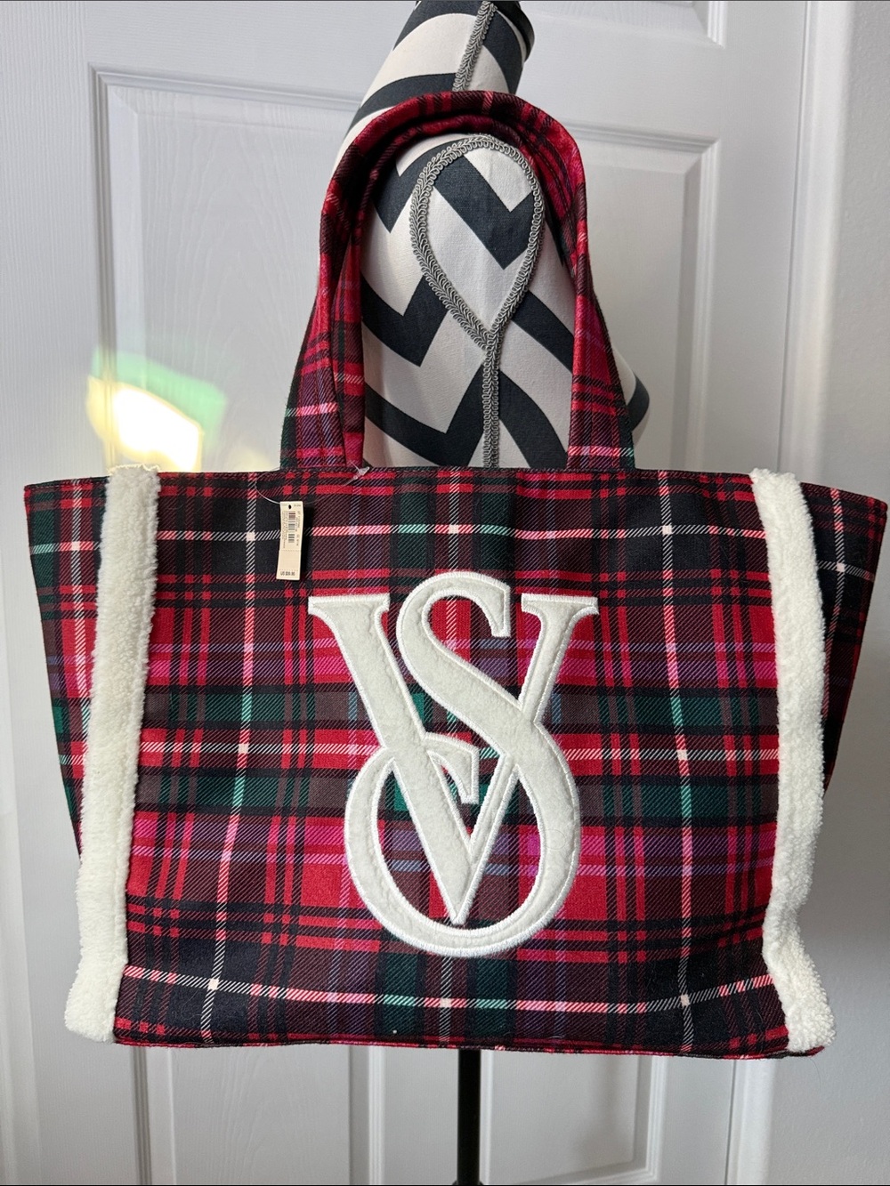 Victoria's Secret Red Plaid Tote with White Sherpa Logo Trim